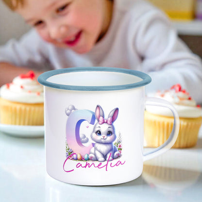 Close-up of gradient initial design on personalised bunny enamel mug — vibrant baked-on print for long-lasting colour
