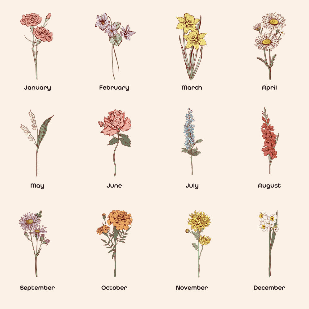 Close-up of personalised name and birth flower on clear PVC cosmetic pouch – bespoke personalised makeup bag