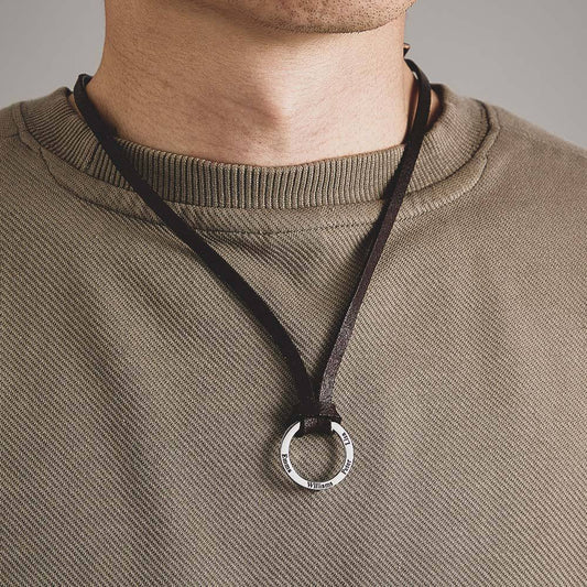 Close-up of Engraved Name Pendant on Personalised PU Leather Necklace for Men