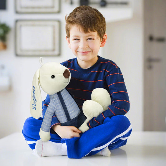 Personalised Bunny Plush Toy front view with embroidered name on ear, soft plush and PP cotton cuddle toy – custom rabbit gift for babies and kids