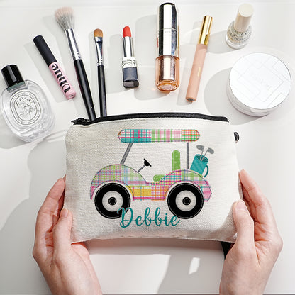 Personalised golf cart makeup bag — custom name canvas cosmetic pouch front view, compact 22.5 × 15 cm travel toiletry pouch