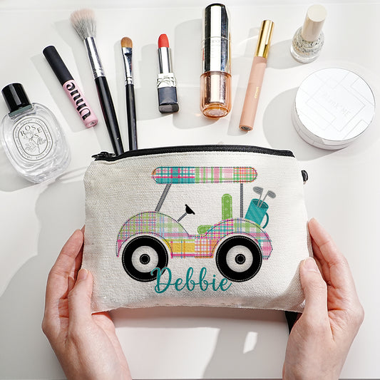 Personalised golf cart makeup bag — custom name canvas cosmetic pouch front view, compact 22.5 × 15 cm travel toiletry pouch