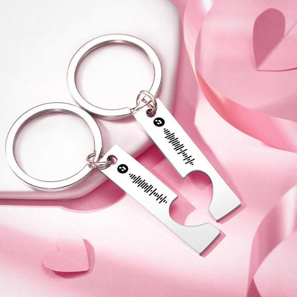 Personalised stainless steel keyring with heart cut-out and engraved Spotify code hanging from keys – everyday carry keychain gift