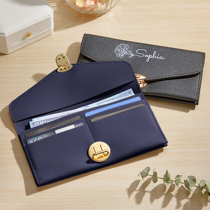 Personalised Birth Flower PU Leather Wallet with Name - Custom Birthday Gift for Her