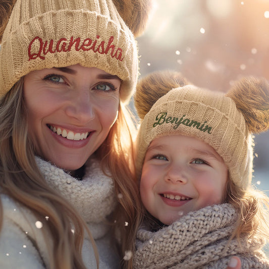 Personalised mum and baby warm knitted beanie set in soft Orlon acrylic with embroidered names on the brim — matching parent‑child hats, ideal gift for families