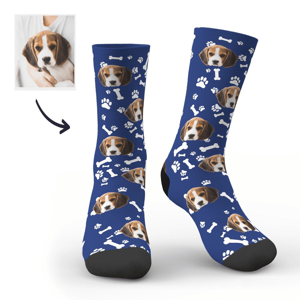 Flat‑lay of personalised photo socks showing full‑foot custom face print and bright colours — high‑resolution custom printed socks