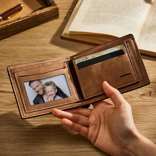 Personalised unisex bifold PU leather wallet with custom engraved photo and text, compact 12 x 9.7 x 2 cm with vintage textured finish