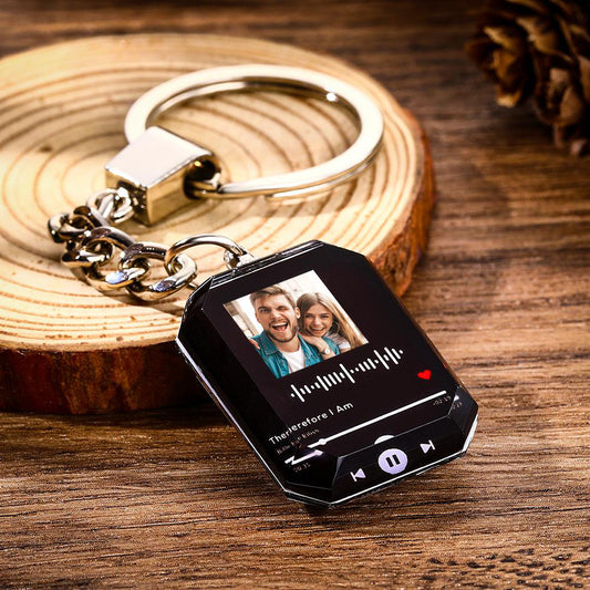 Personalised engraved scannable crystal keyring with custom photo and music code, double-sided clear pendant on a sturdy keyring