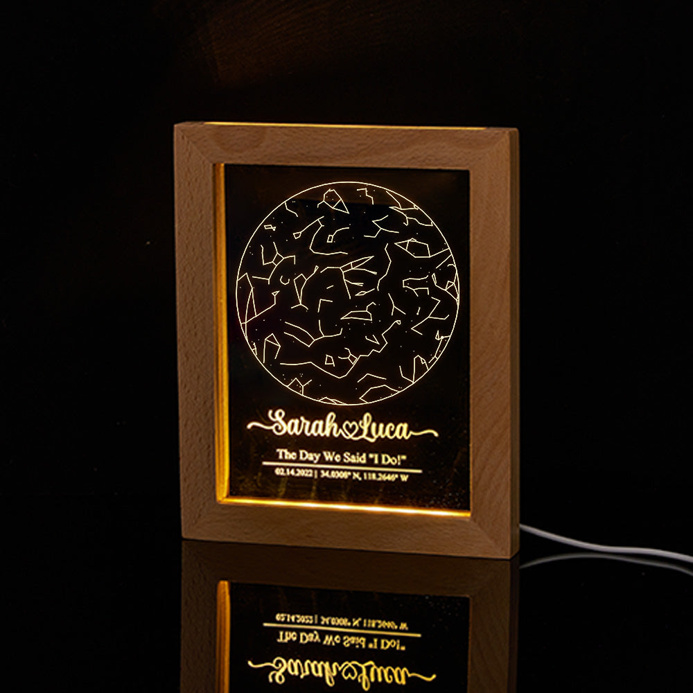 Close-up of UV-printed star map and personalised engraving on transparent acrylic — crisp constellation detail for a custom engraved star map keepsake