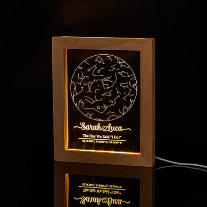 Close-up of UV-printed star map and personalised engraving on transparent acrylic — crisp constellation detail for a custom engraved star map keepsake