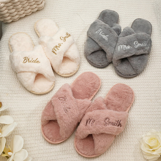 Personalised Fluffy Cross Slippers - top view showing soft fur cross strap and slip-on design, ideal bride and bridesmaid gift for wedding mornings and hen parties
