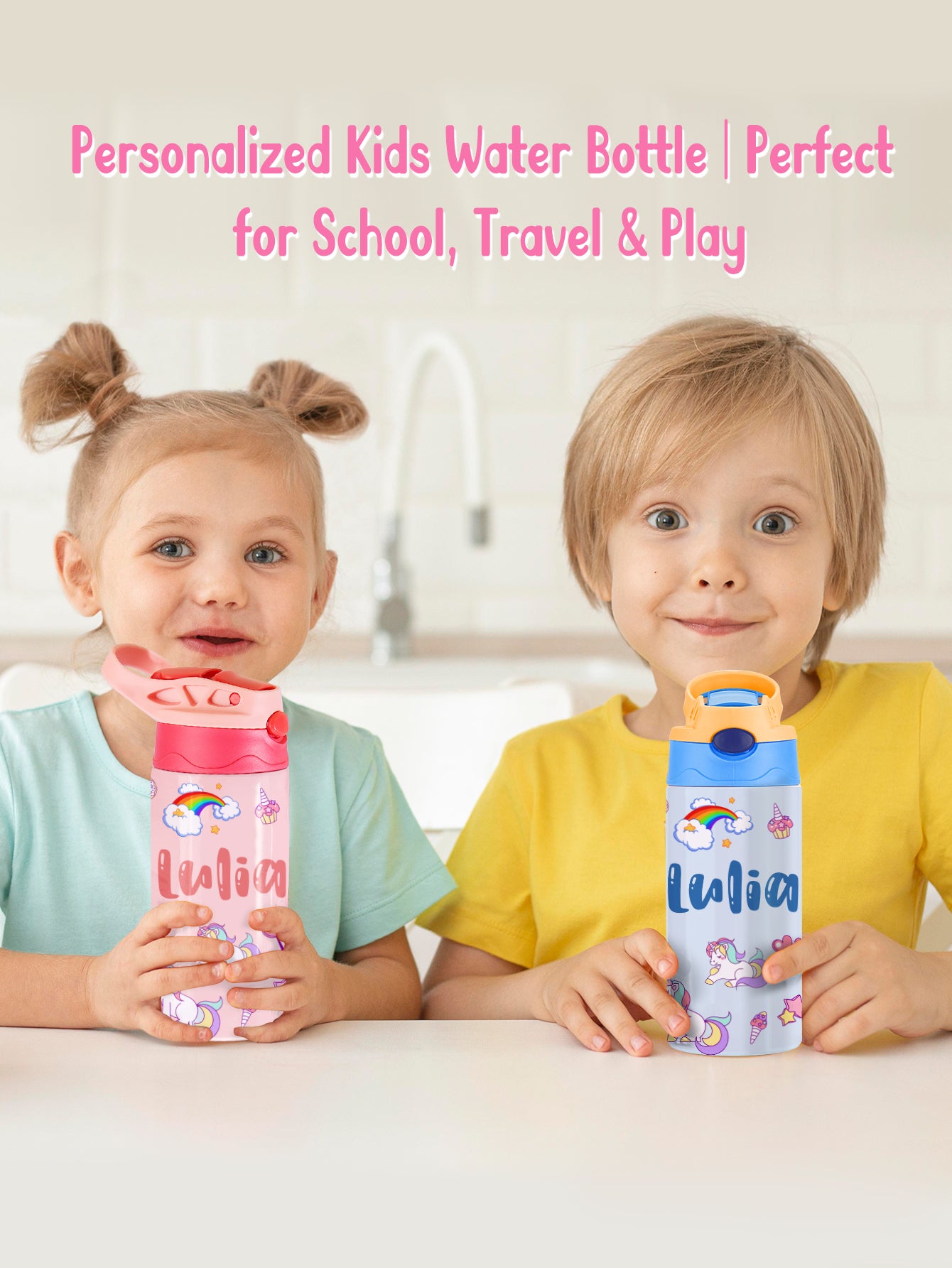 Personalised Rainbow Unicorn Name Stainless Steel Water Bottle | Kids' Gift