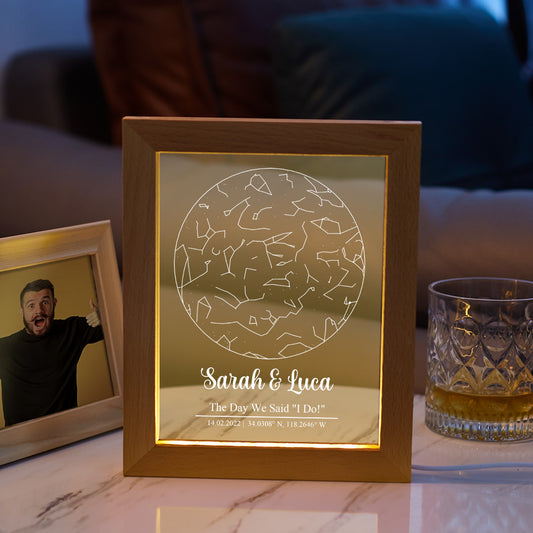 Custom engraved star map personalised constellation night light in a solid wood frame — acrylic plaque etched with star map, photo and custom text, warm LED bedside lamp