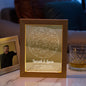 Custom engraved star map personalised constellation night light in a solid wood frame — acrylic plaque etched with star map, photo and custom text, warm LED bedside lamp