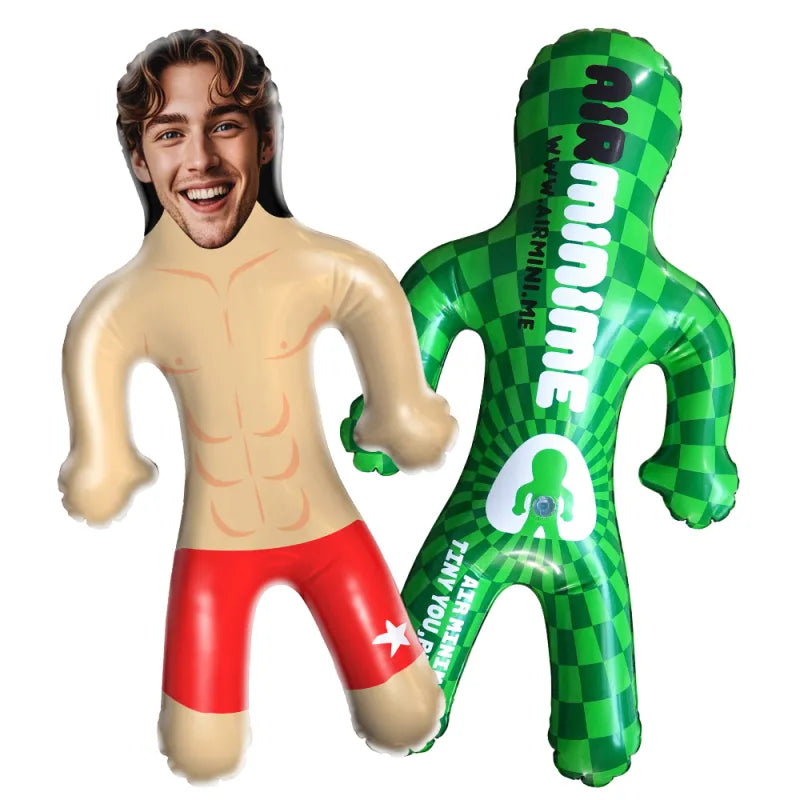 Outdoor shot of a customised face balloon inflated as a pool party prop, showing the uploaded photo.