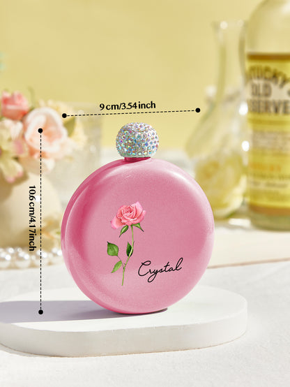 Personalised Birth Flower Round Flask with Name - 5oz Glitter Bridesmaid Gift