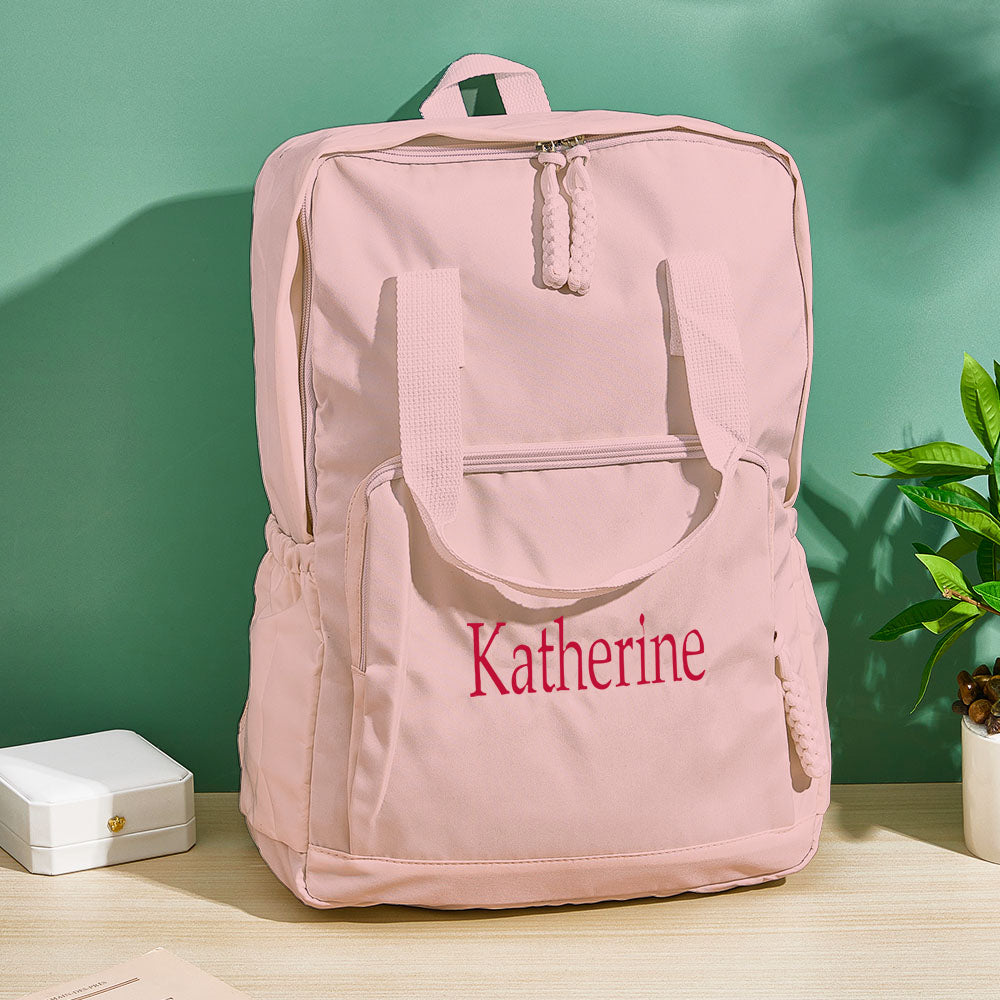 Rear view with padded, adjustable straps and reinforced back panel on personalised embroidered backpack — comfortable custom travel bag for everyday use