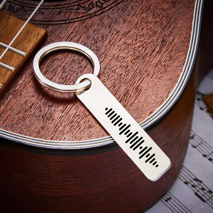 Gift presentation of personalised music code keyring in neat packaging, ideal for wedding, Mother's Day or anniversary keepsake