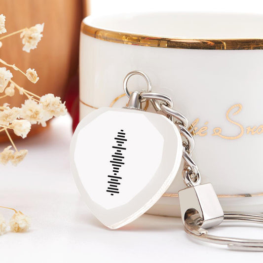 Personalised engraved heart music crystal keyring with scannable song code — clear crystal heart and alloy key ring, ideal personalised music gift