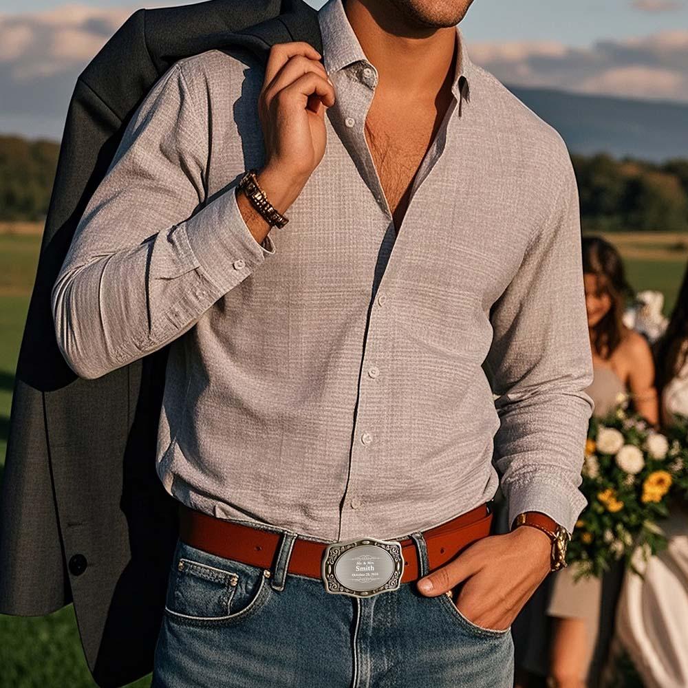 Examples of personalised text options on Western cowboy belt buckles — engraved name gifts for husband, boyfriend or groomsmen