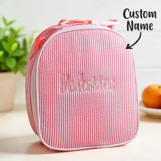 Personalised seersucker lunch bag with embroidered name — front view of lightweight polyester school lunch bag for kids