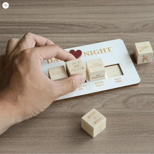 Wooden Naughty Couple Dice set on a wooden plate with drawstring pouch – portable date night dice game for couples, playful gifts for couple and romantic evenings