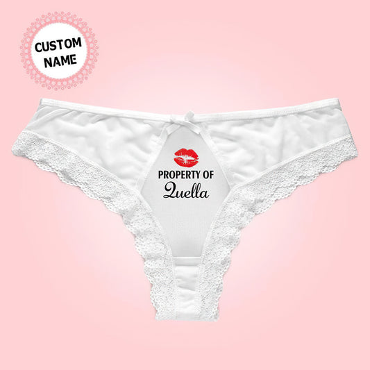 Personalised white lace thong (Custom Name Thong) front view showing soft modal fabric, delicate lace trim and elastic waistband — perfect personalised gift for Valentine’s or anniversaries