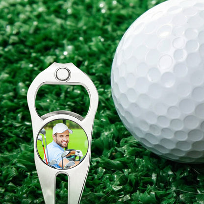 Personalised golf ball marker shown with scale to indicate compact 9 x 3.5 cm size – custom magnetic marker and bottle opener