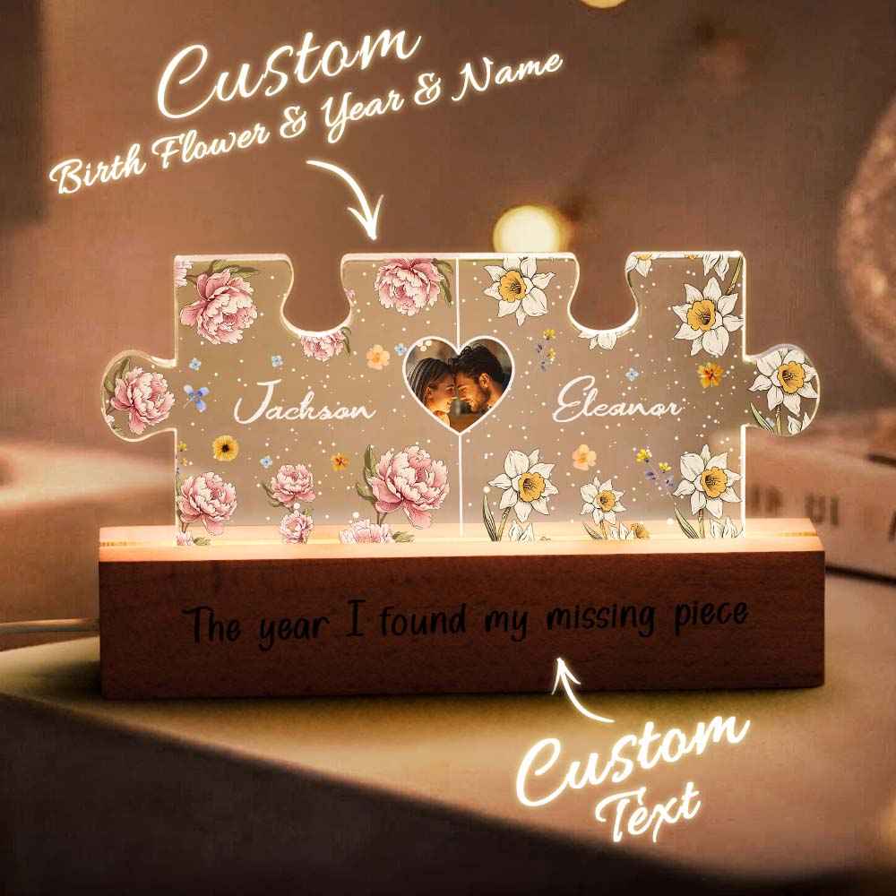 Personalized Couple Puzzle LED Night Light with Birth Flower Photo Night Light Gifts for Her