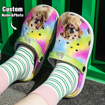 Pair of personalised pet face clogs with colourful dog portrait and custom name on durable rubber slippers