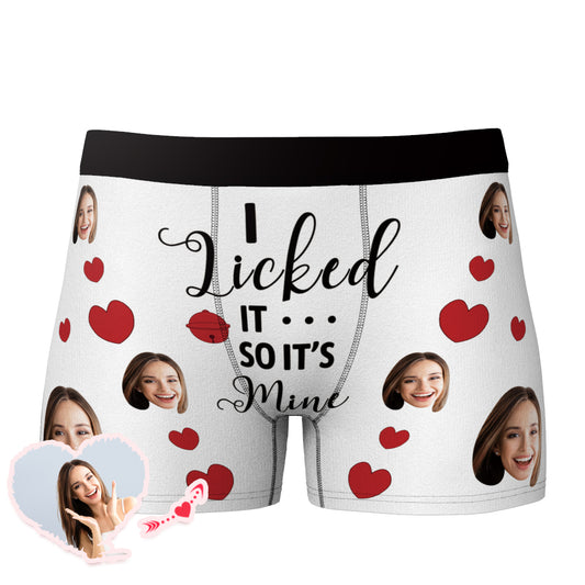 I Licked It So It's Mine custom boxer – front view of personalised funny-face men's underwear (grey) with full‑colour face print and elastic waistband