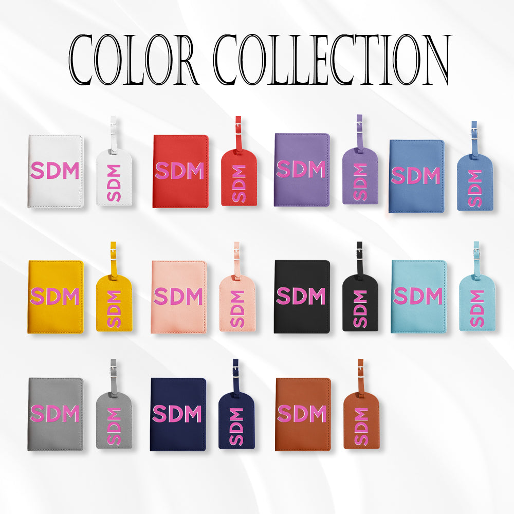 Multiple colour options of personalised monogram passport holders and luggage tags — choose your personalised travel accessories