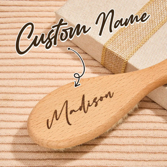 Personalised wooden baby hairbrush and comb set with engraved name — gentle newborn grooming set, ideal personalised baby shower gift