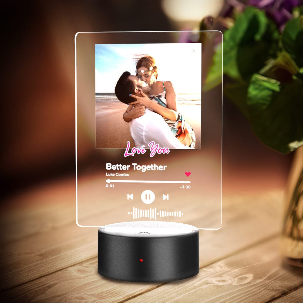 Personalised scannable music plaque and keychain night light in white acrylic with engraved QR code and song details