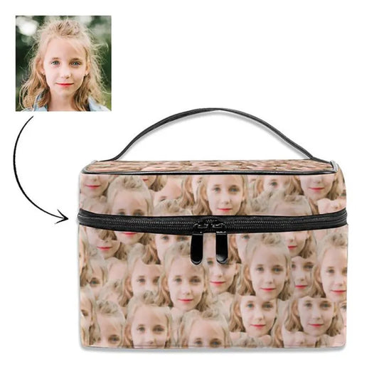 Personalised Face Makeup Bag front view with custom photo print on a compact custom photo cosmetic pouch