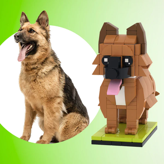 Front view of a personalised, customisable German Shepherd brick figure in small-particle block style, handcrafted to match your dog's fur colour and simple accessories