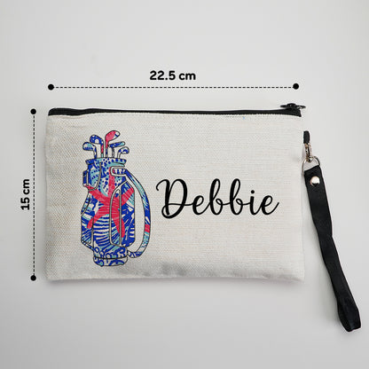 Close-up of custom name personalisation on golf-themed canvas cosmetics pouch — detail of personalised custom name makeup pouch