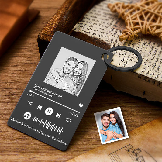 Personalised scannable music code keychain — stainless steel engraved music plaque with photo, song details and unique scannable code on a keyring, ideal anniversary or Father’s Day gift