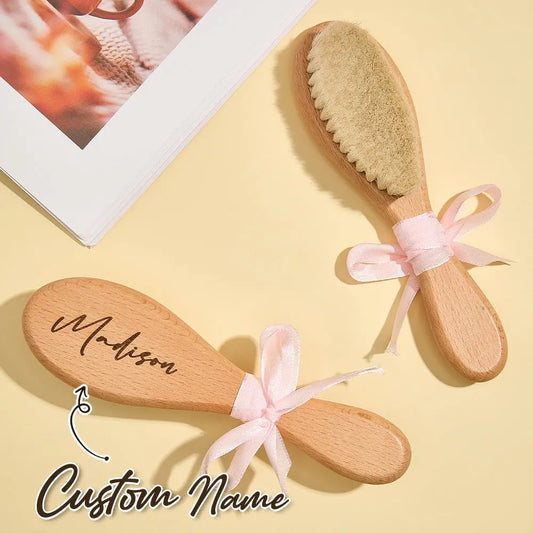 Personalised wooden baby hairbrush and comb set with engraved name — gentle newborn grooming set, ideal personalised baby shower gift
