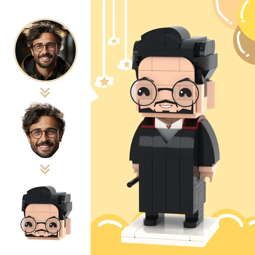 Personalised wizard brick figure front view — customised mini figure made from your photo, a small particle block toy and personalised brick figure gift for the UK and Australia
