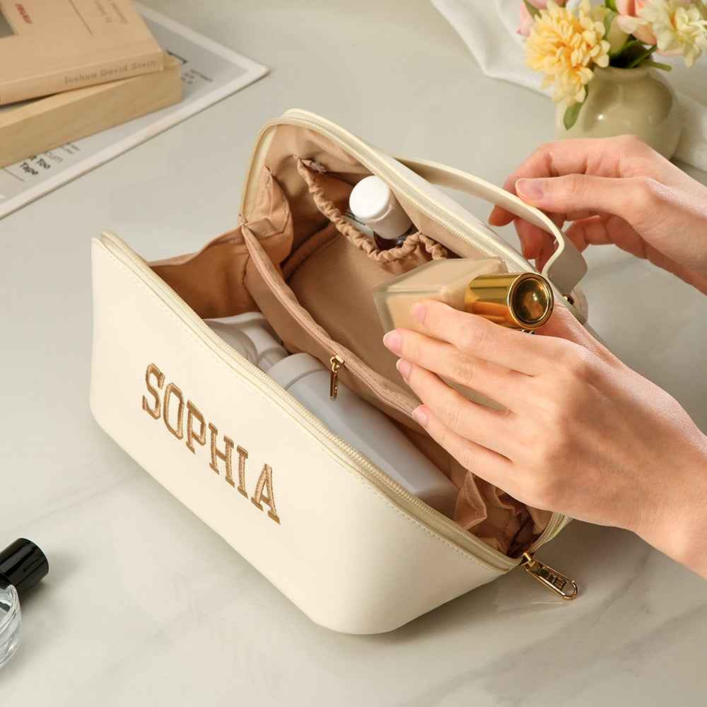 Personalized PU Leather Waterproof Makeup Bag with Embroidery Name Cosmetic Bag Travel Accessory Birthday Wedding Gift for Her