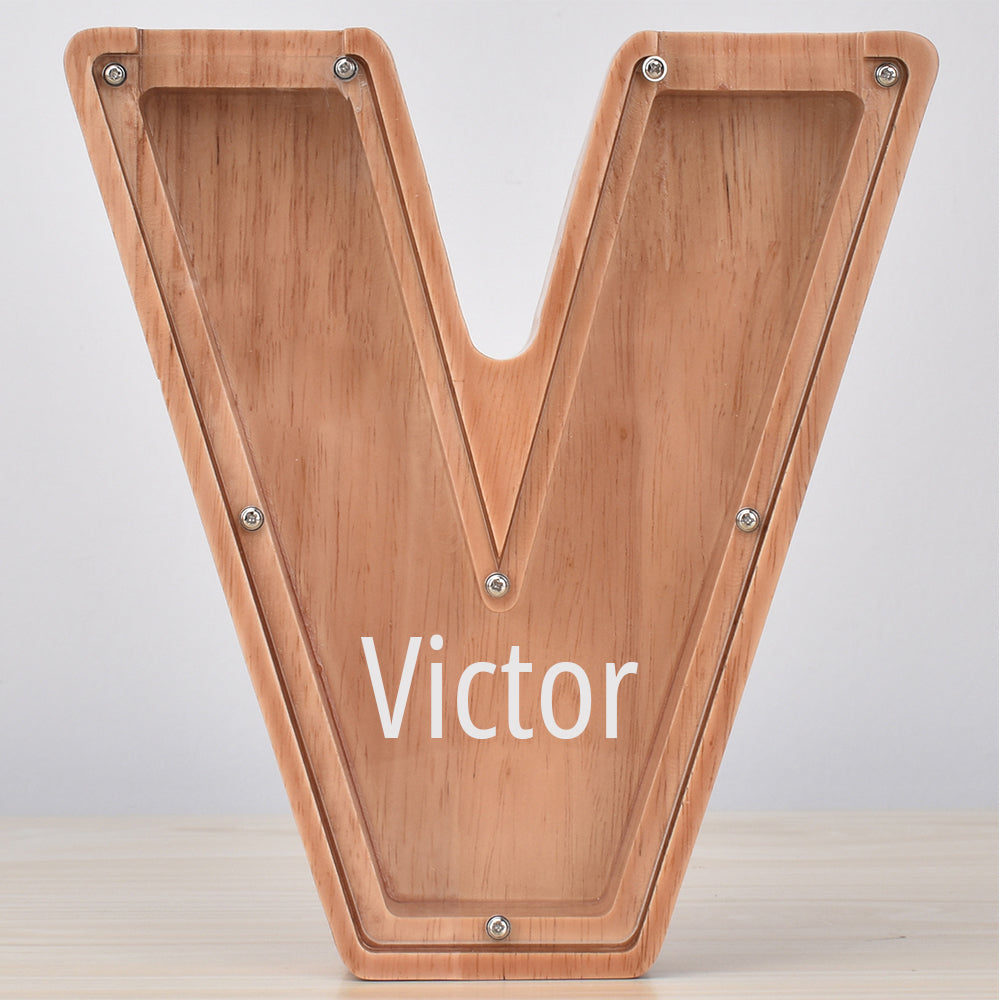 Personalised Oak Wooden Letter Money Box with Engraved Name | Handcrafted Piggy Bank