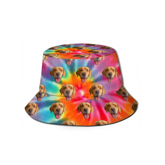 Custom Face Tie Dye Bucket Hat in vibrant multicolour swirl, unisex foldable sun cap with 7 cm brim, breathable fabric, UV protection and personalised photo-print option