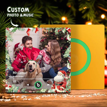 FridgeBeats frameless personalised family photo music fridge magnet — acrylic square showing custom photo and play button, rechargeable speaker