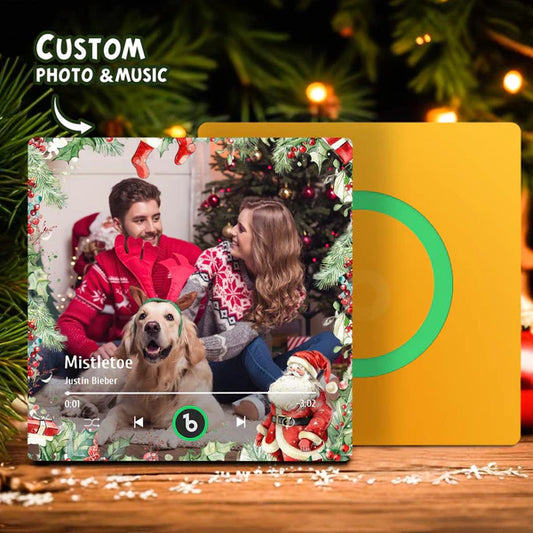 FridgeBeats frameless personalised family photo music fridge magnet — acrylic square showing custom photo and play button, rechargeable speaker