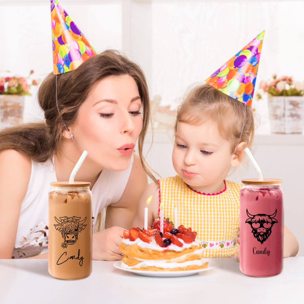 Personalised Highland Cow Glass Tumbler with Name - Unique Gift for Cow Lovers