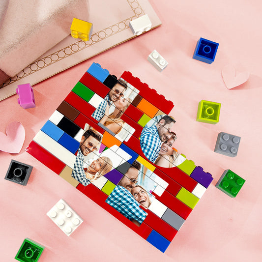Personalised Love Building Brick assembled with a favourite photo printed on interlocking PVC bricks — custom photo block puzzle gift for weddings, Valentine's and anniversaries