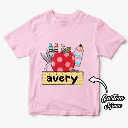 Flat lay of personalised back to school shirt with customisation options for name and message