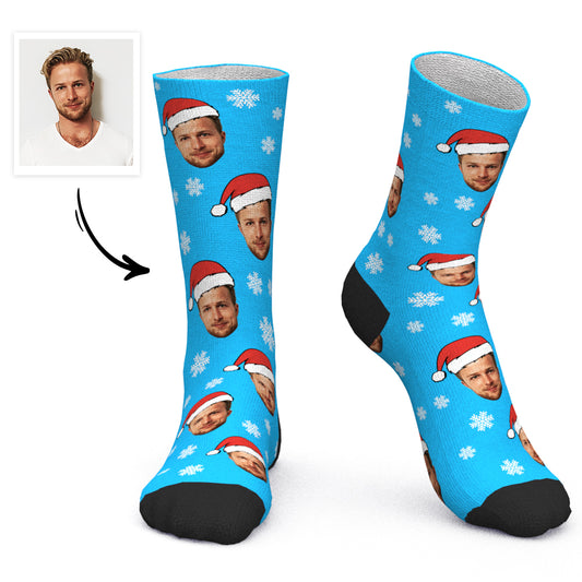 Personalised Face Santa Hat Socks – pair of custom photo socks featuring an uploaded face wearing a Santa hat, ideal personalised Christmas gift