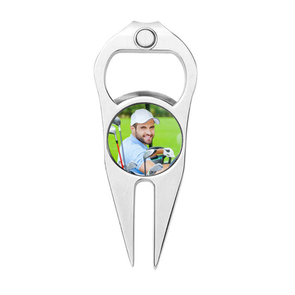 Custom magnetic golf marker available in black or white – personalised photo golf ball marker and bottle opener for golfers